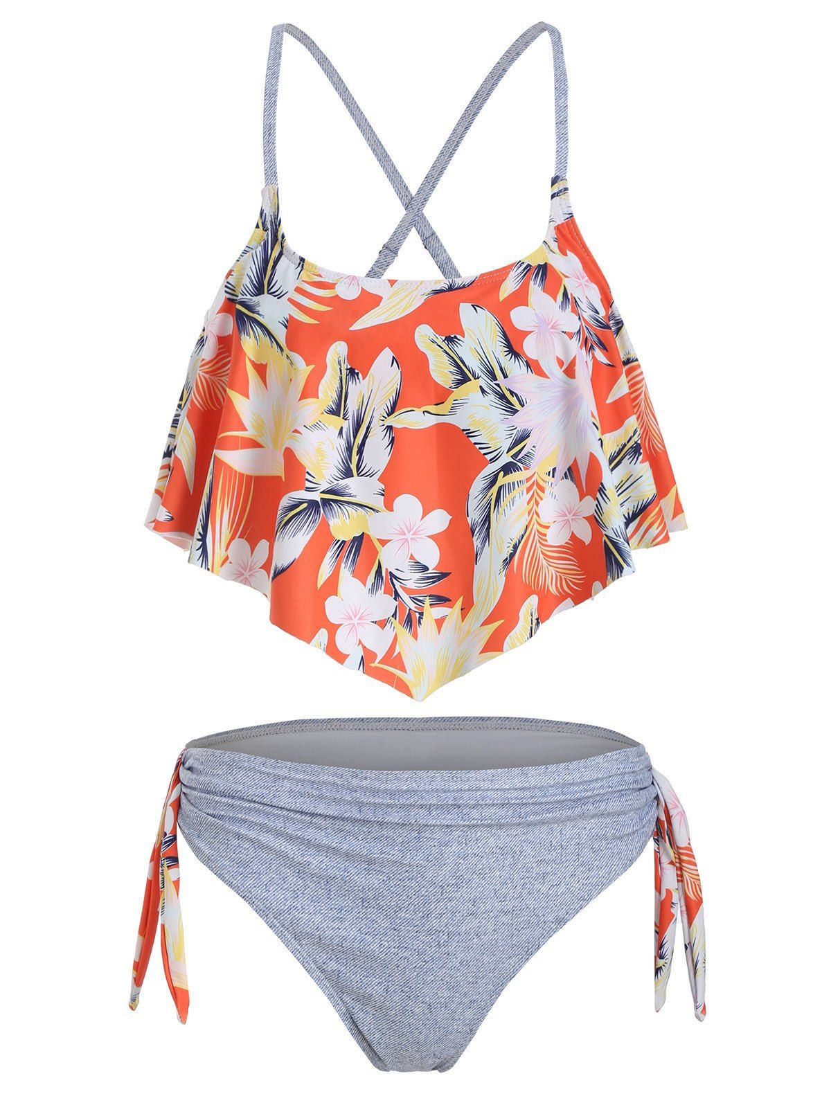 

Floral Print Criss Cross Knotted Tankini Swimwear, Multi
