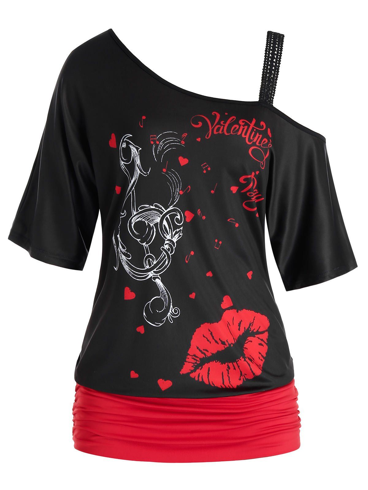 

Plus Size Skew Neck Lips Print Colorblock T Shirt, Black