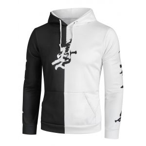 

Color Blocking Oriental Letter Print Casual Hoodie, White