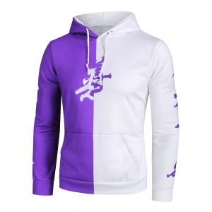 

Color Blocking Oriental Letter Print Casual Hoodie, Purple sage bush
