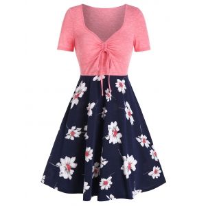 

Flower Print Drawstring Fit And Flare Dress, Pink rose