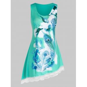 

Plus Size Asymmetrical Lace Panel Tank Top, Macaw blue green