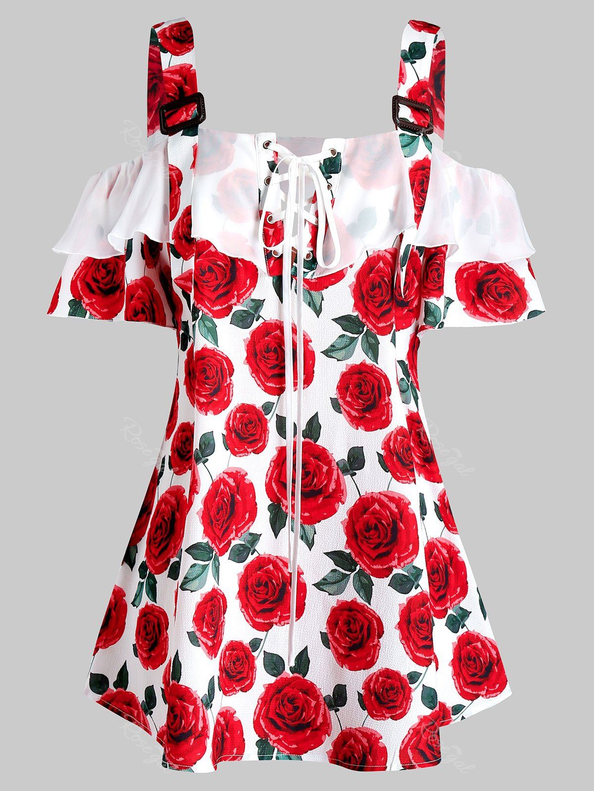 

Plus Size Rose Print Lace Up Ruffle Cold Shoulder Blouse, White