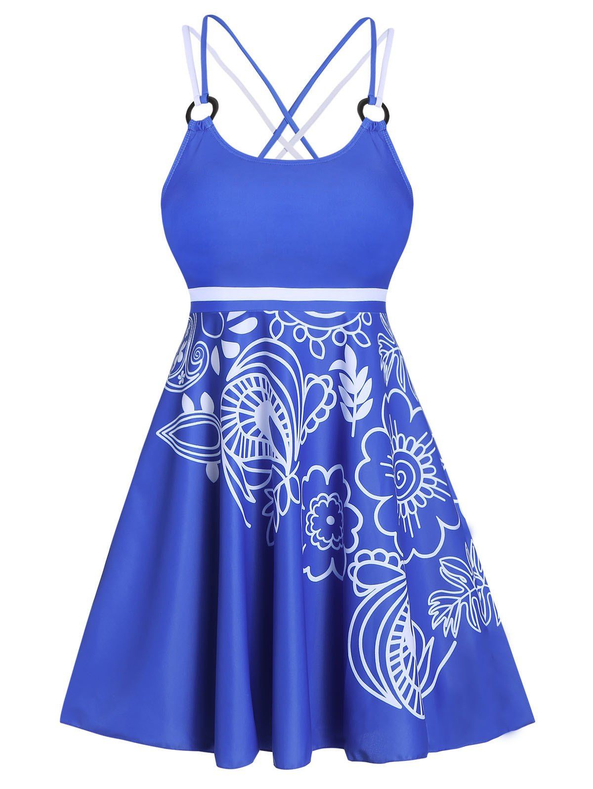 

Floral Print Skirted Tankini Swimwear, Blueberry blue