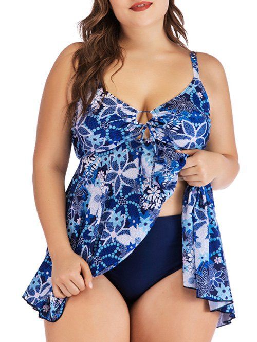 

Tie Front Handkerchief Leaves Printed Plus Size Tankini Swimwear, Blue