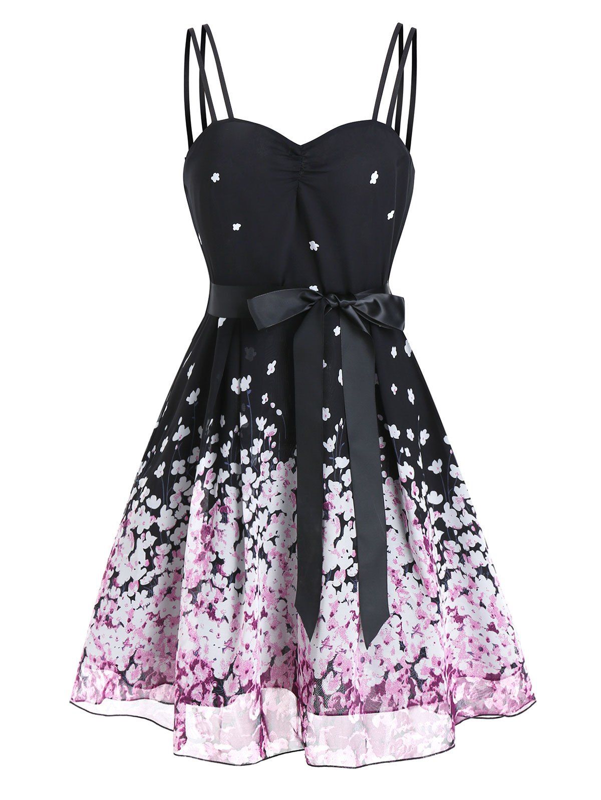 

Flower Print Bowknot Fit And Flare Dress, Black