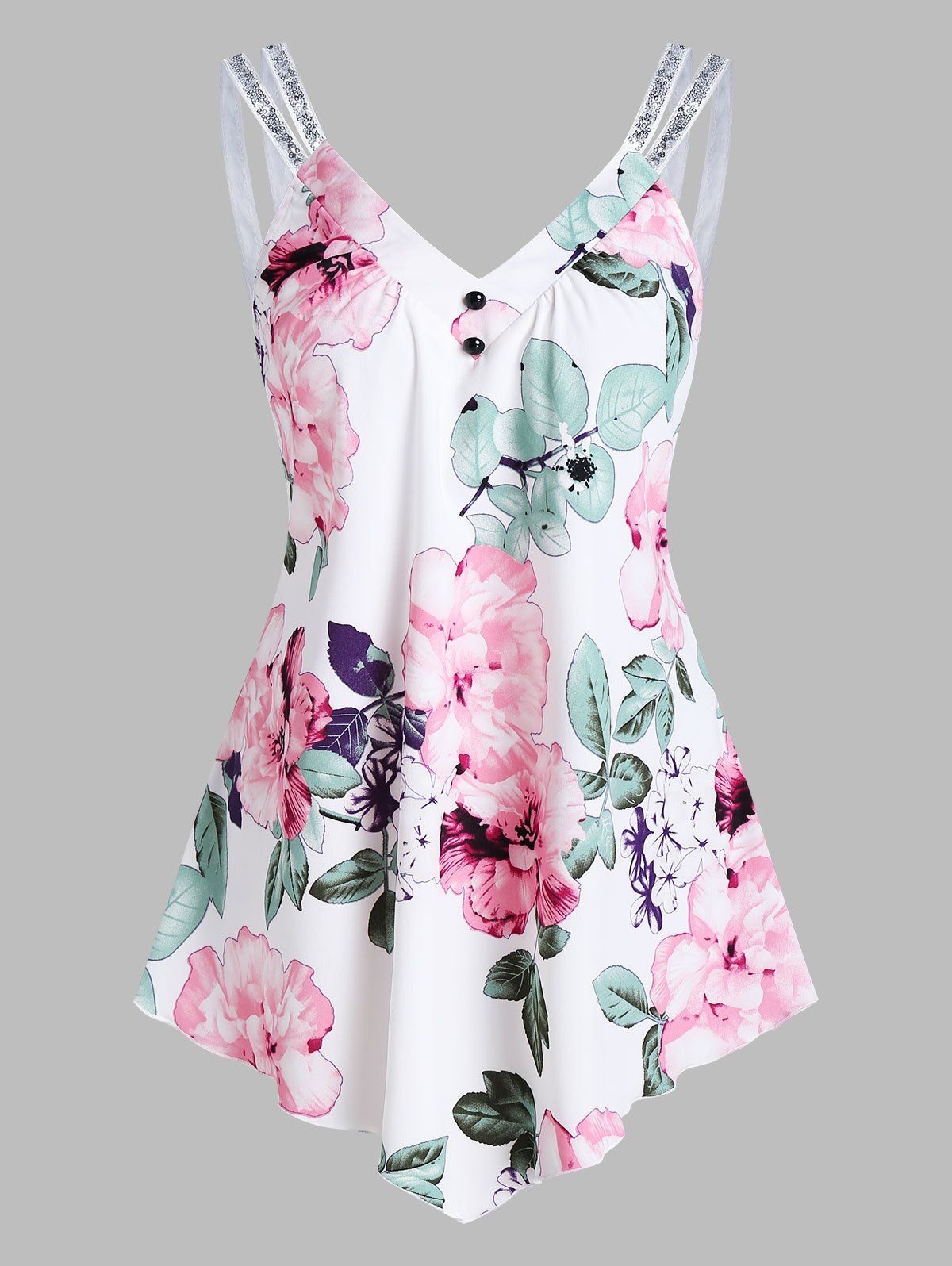 

Floral Print Button V Neck Tank Top, White