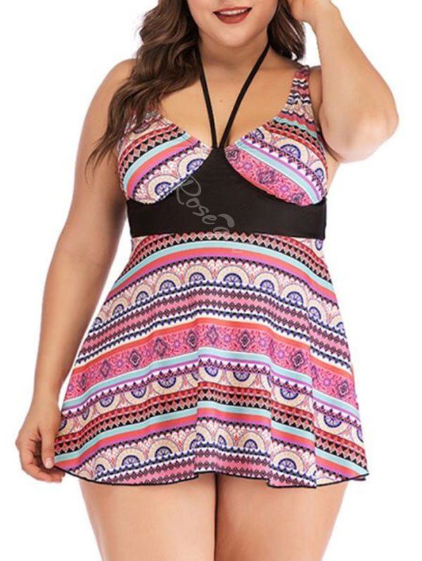 

Skirted Tribal Print Plus Size Tankini Swimwear, Red