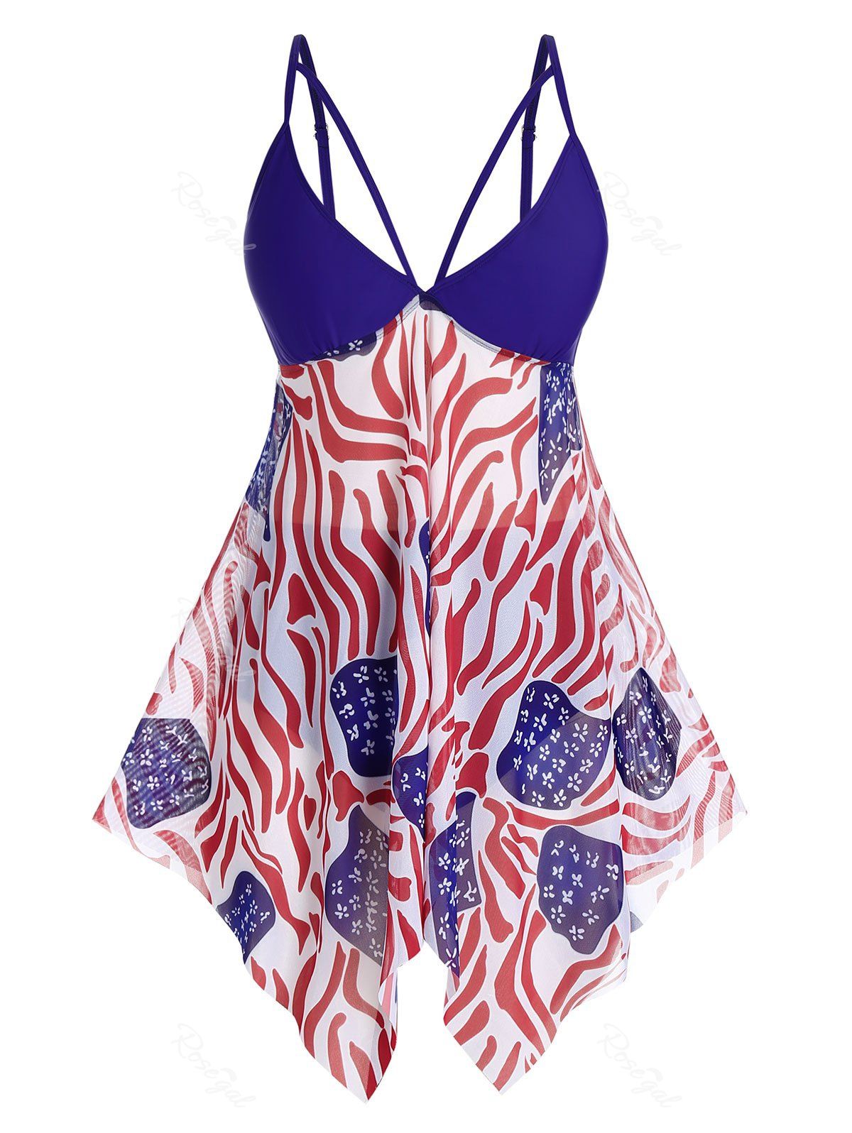 

Plus Size Asymmetric Mesh Printed Handkerchief Caged Tankini Swimwear, Navy blue