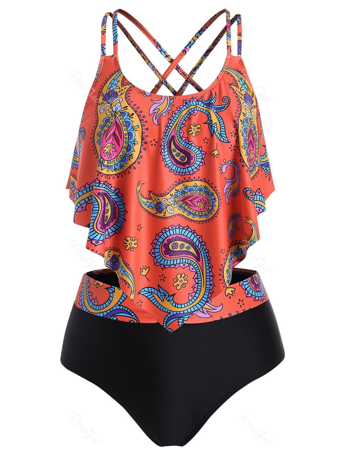 

Plus Size Crisscross Paisley Print Overlay Tankini Swimwear, Sunrise orange