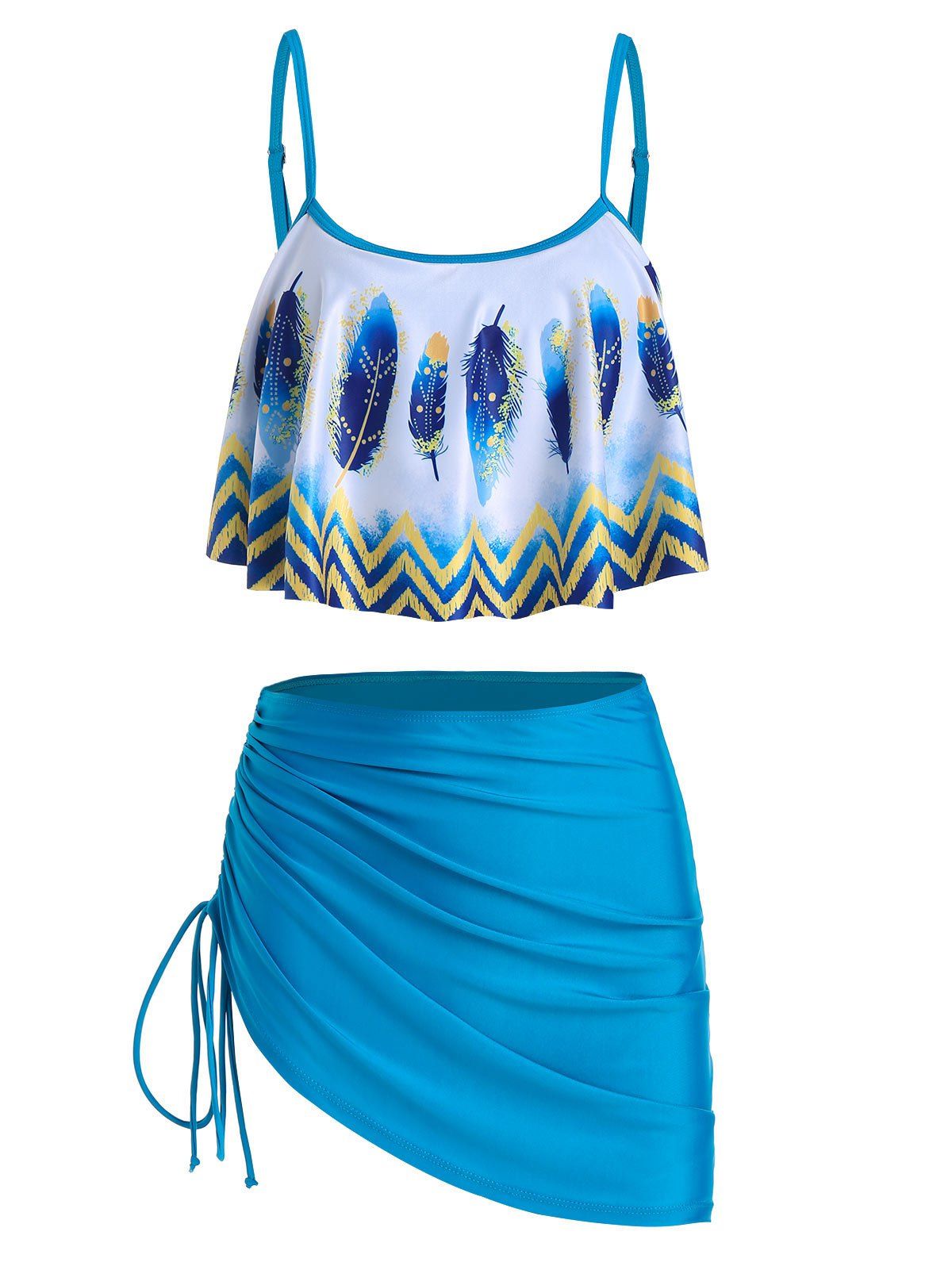 

Feather Zigzag Print Cinched Tankini Swimwear, Silk blue