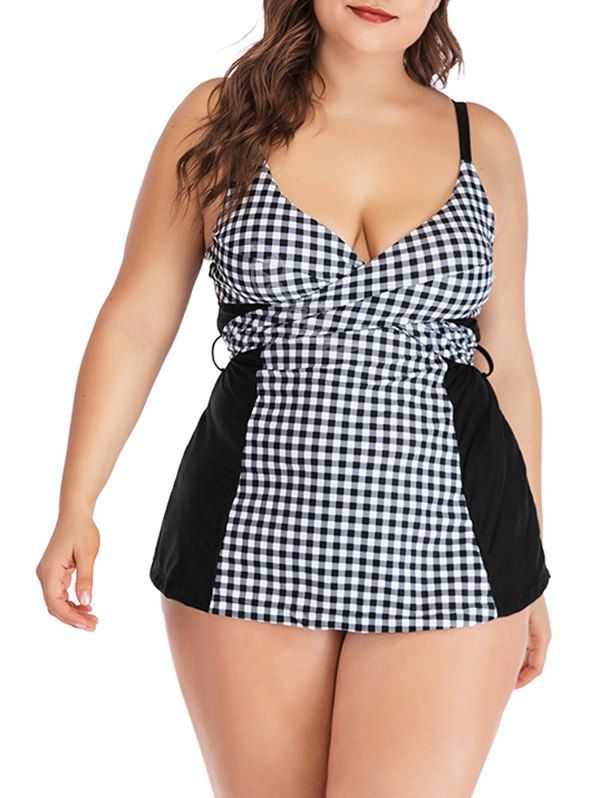 

Criss Cross Tie Back Plaid Plus Size Tankini Swimwear, Black