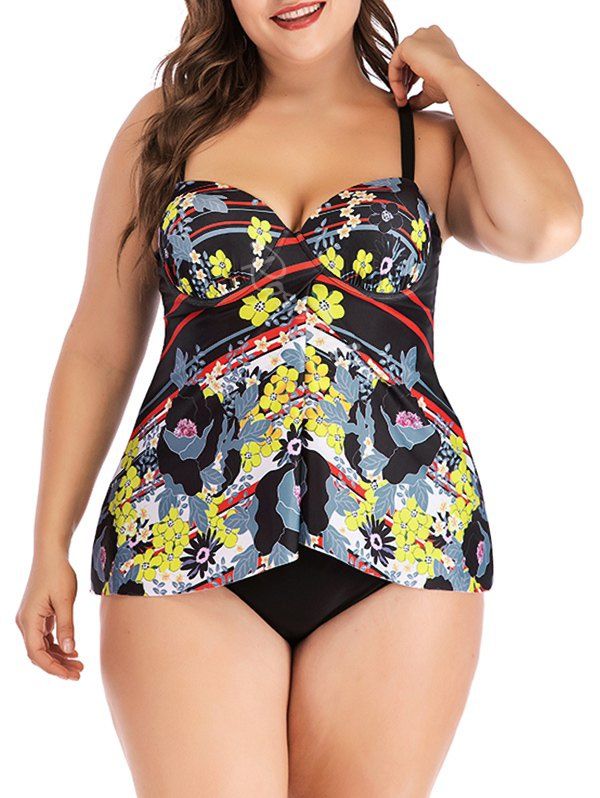 

Underwire Floral Front Slit Push Up Plus Size Tankini Swimwear, Black