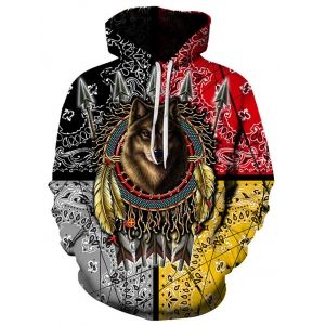 

Indian Wolf Graphic Pouch Pocket Drawstring Hoodie, Multi