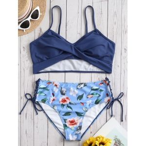 

Plus Size Twist Lace-up Floral Bikini Set, Blue koi