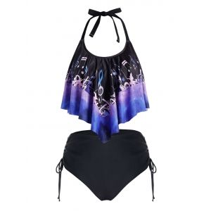 

Plus Size Music Note Design Hanky Hem Halter Tankini Swimsuit, Black