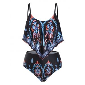 

Overlay Flounces Printed Plus Size Tankini Swimwear, Black