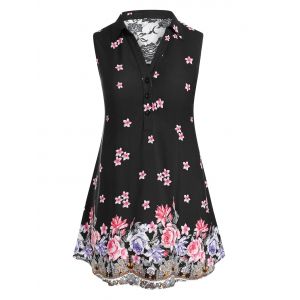 

Plus Size Buttons Floral Lace Panel Tank Top, Black