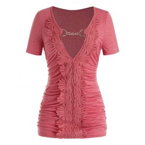 

Plus Size Ruched Lace Guipure Keyhole T Shirt, Valentine red