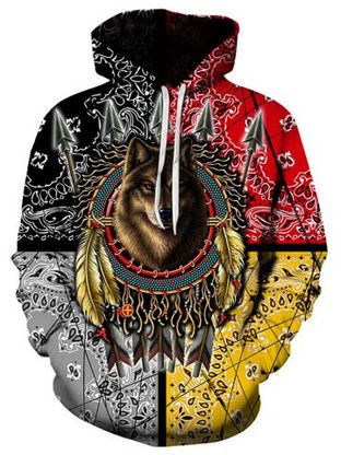 Indian Wolf Graphic Pouch Pocket Drawstring Hoodie