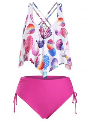 Plus Size Shell Print Cinched Crisscross Tankini Swimwear