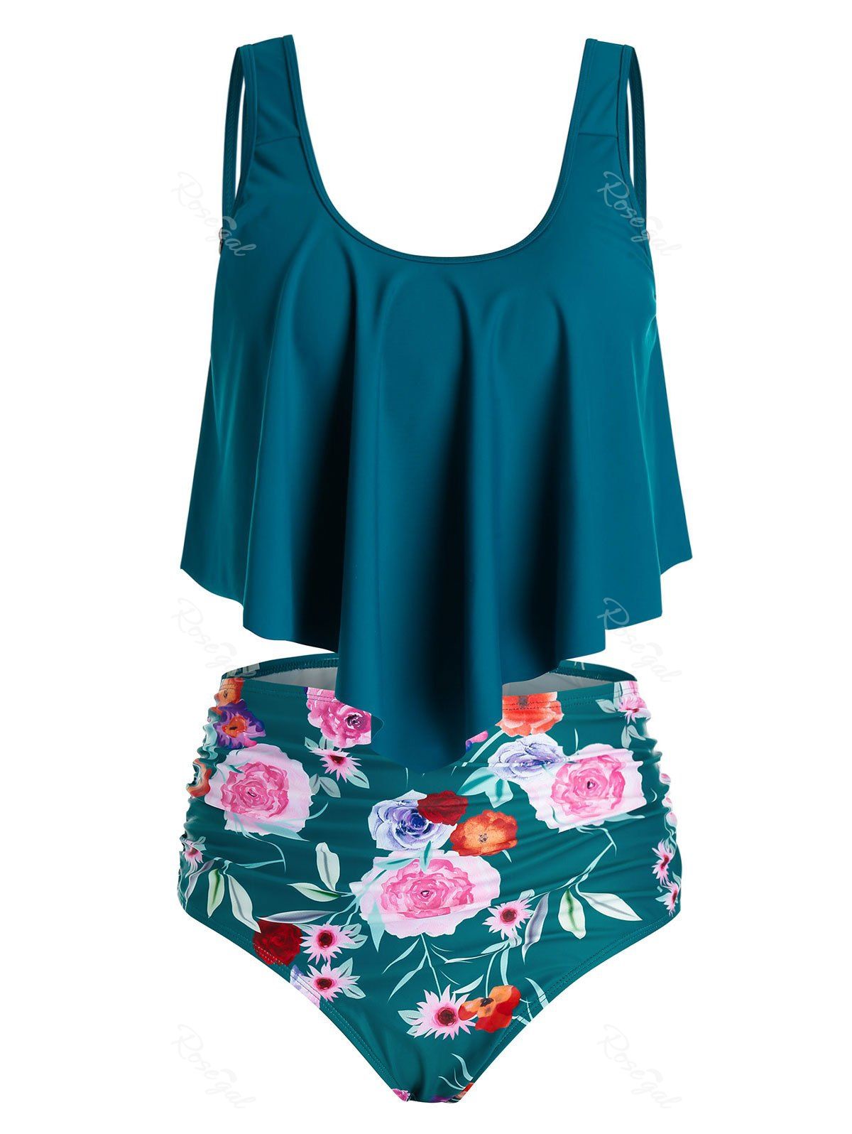 

Plus Size Flower Flounce High Waisted Ruched Tankini Swimwear, Greenish blue