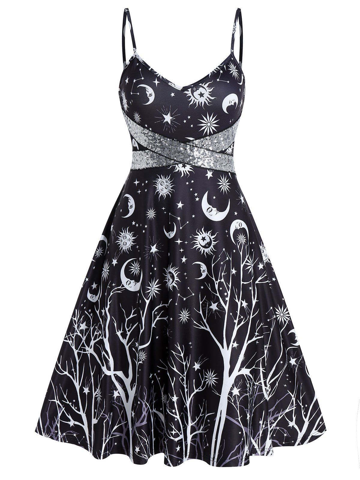

Crisscross Sequins Printed Cami A Line Dress, Black