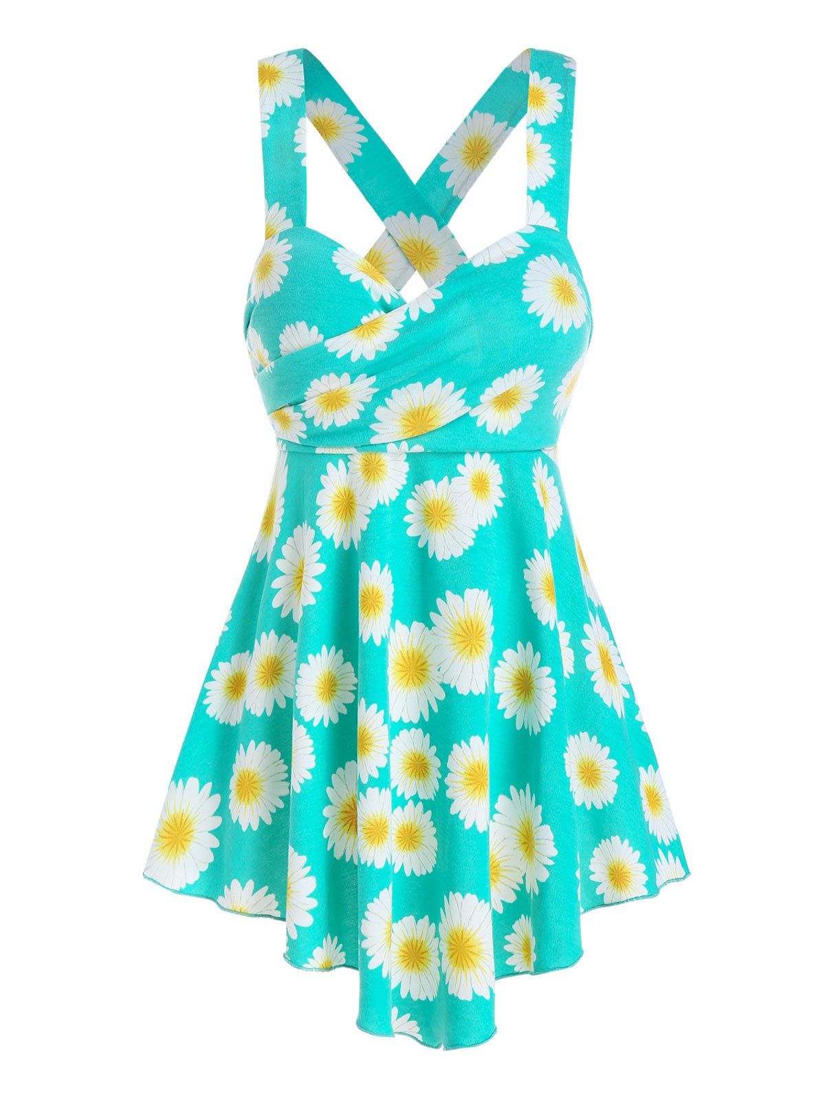 

Daisy Print Pointed Hem Flare Tank Top, Medium turquoise