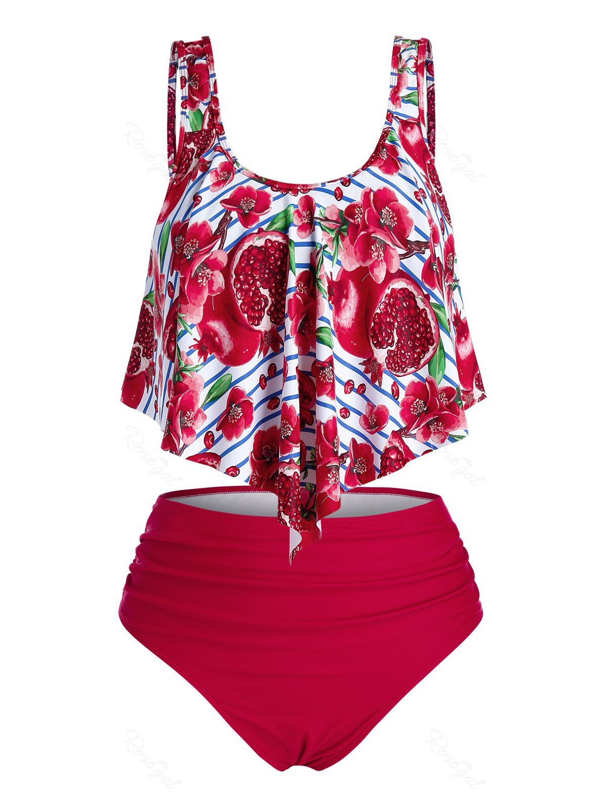 Store Plus Size Overlay Floral Pomegranate Print Ruched Tummy Control Tankini Swimwear  