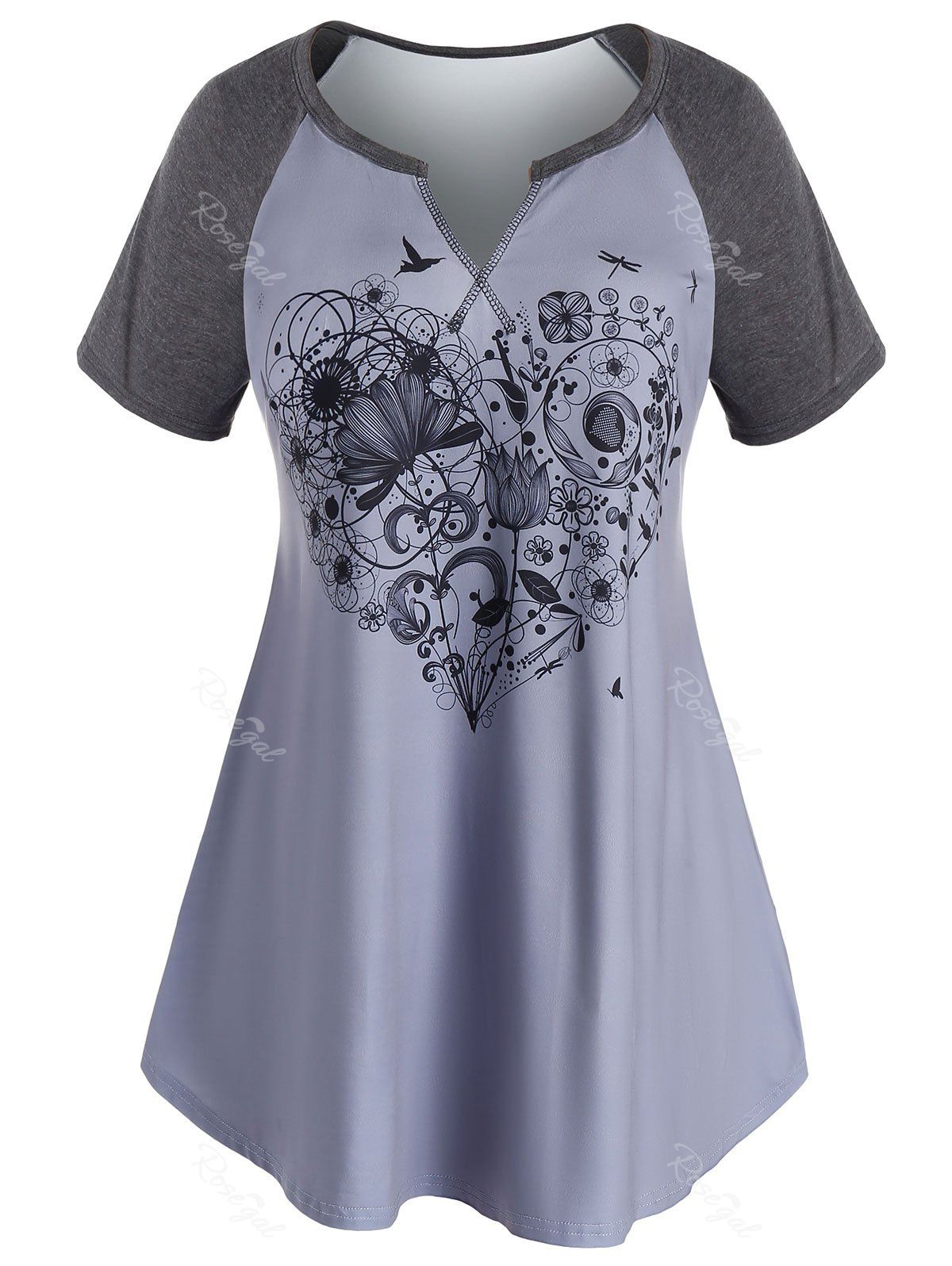

Plus Size Floral Heart Print Raglan Sleeve T Shirt, Light slate gray