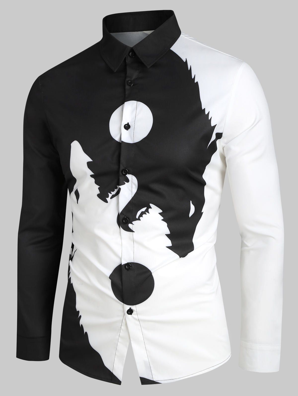 

Wolf Pattern Button Long Sleeves Shirt, White