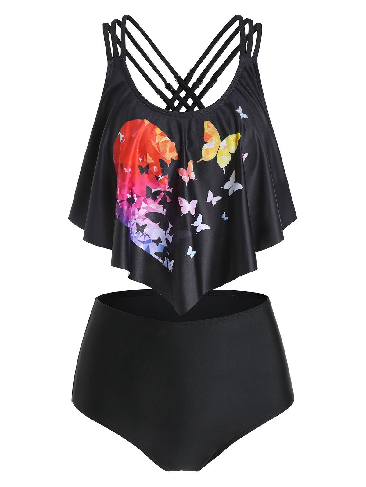 

Butterfly Print Cross Back Padded Tankini Swimwear, Black