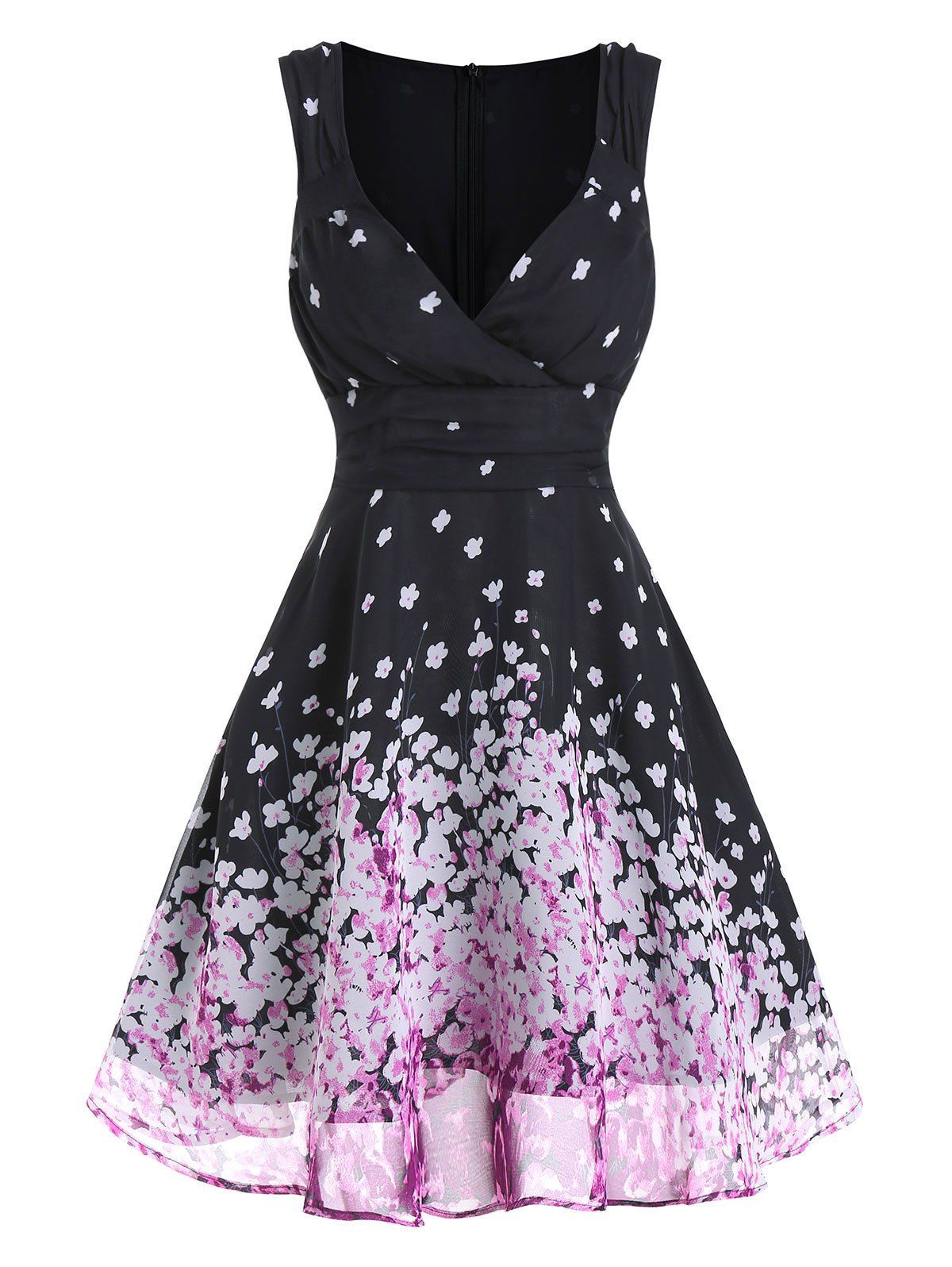 

Tiny Floral Print Sleeveless Plunge Neck Chiffon Dress, Black
