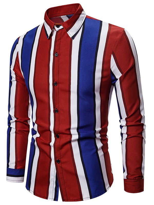 

Color-blocking Striped Long Sleeve Casual Shirt, Red