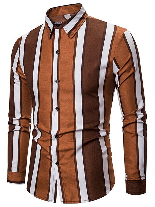 

Color-blocking Striped Long Sleeve Casual Shirt, Coffee