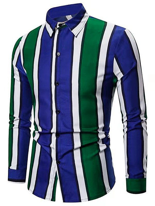 

Color-blocking Striped Long Sleeve Casual Shirt, Green