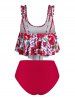 Plus Size Overlay Floral Pomegranate Print Ruched Tummy Control Tankini Swimwear -  