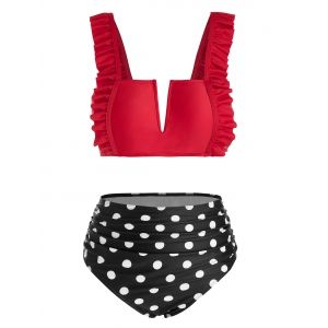

Plus Size Polka Dot Print V Notched Ruffled Tankini Swimwear, Cherry red