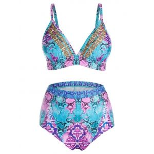 

Plus Size Snake Print Padded Bikini Swimwear, Peacock blue