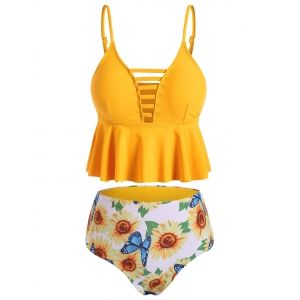 

Strappy Sunflower Butterfly Ruffle Tankini Set, White