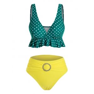 

Polka Dot Rhinestones Ruched Tankini Swimwear, Greenish blue