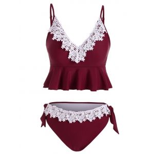 

Lace Panel Ruffles Tankini Swimwear, Red wine