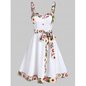 

Sleeveless Floral Trim Mock Button Knotted Dress, White