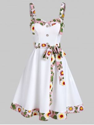 Sleeveless Floral Trim Mock Button Knotted Dress
