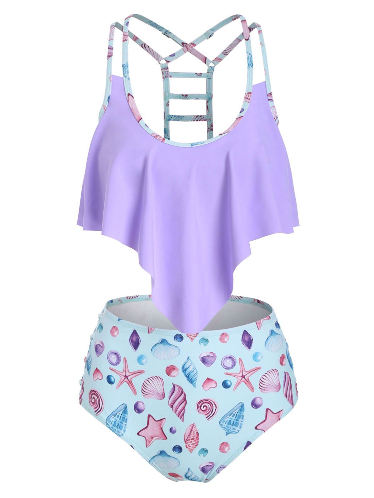 

Seashell Print Criss Cross Overlay Tankini Swimwear, Mauve