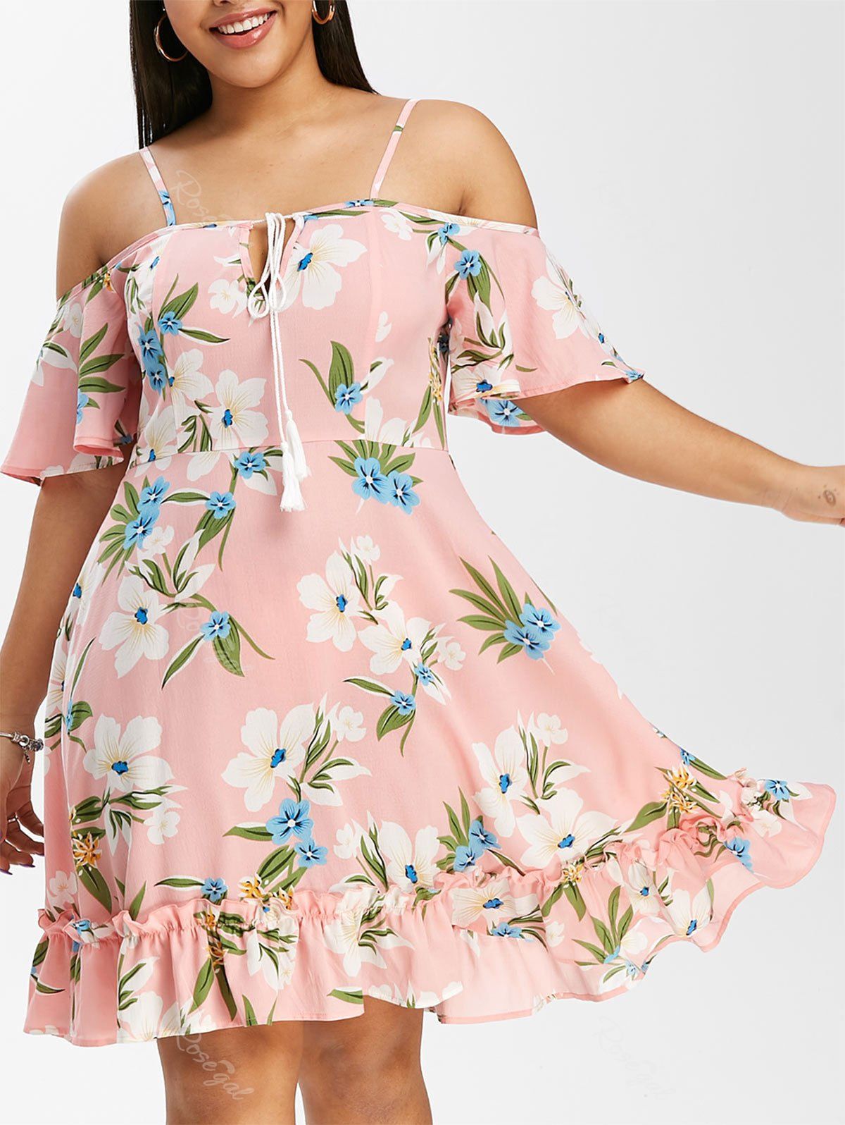 

Plus Size Open Shoulder Floral Print Flounce Dress, Pig pink