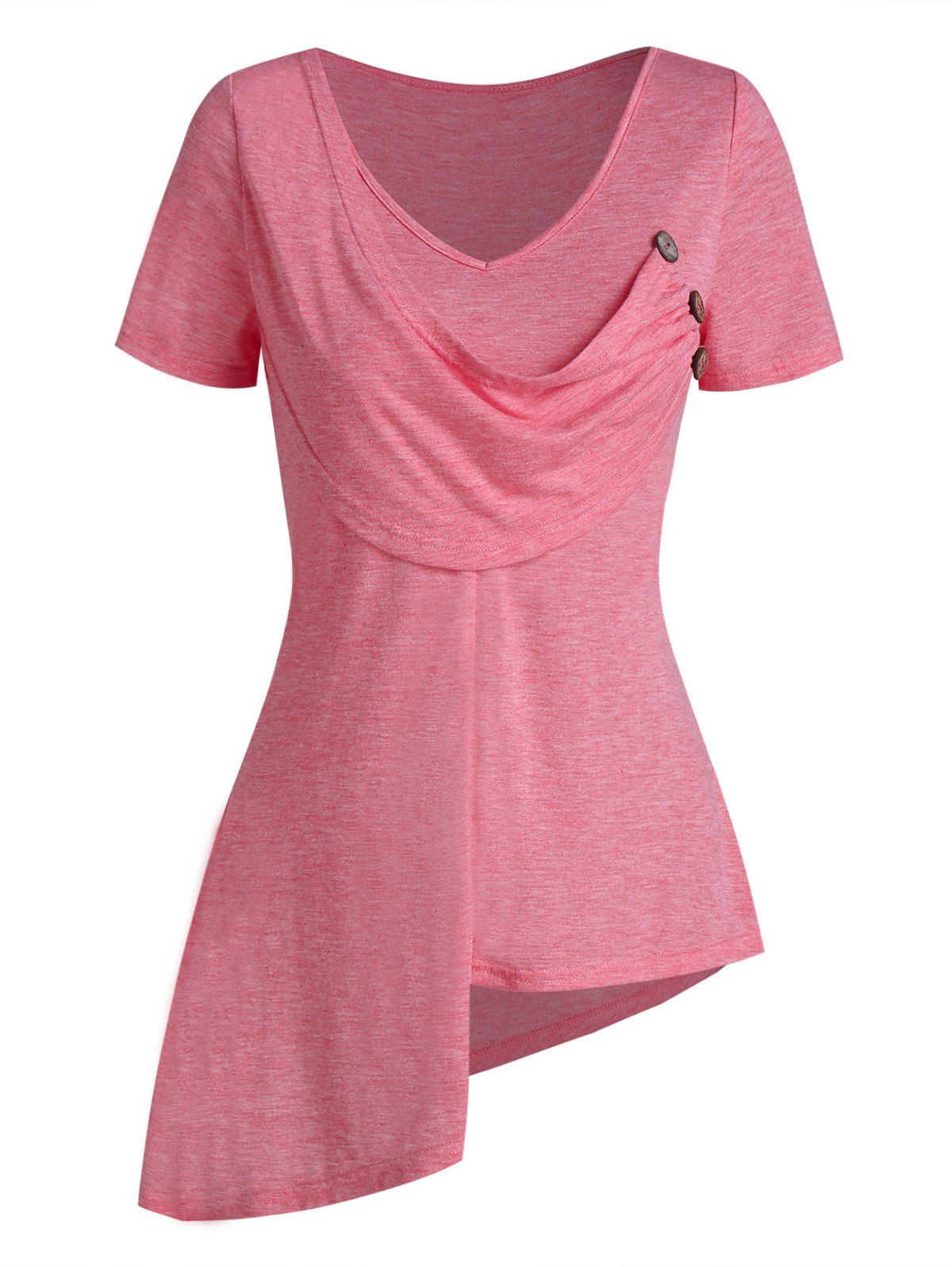 

Mock Button Heathered Asymmetric T-shirt, Pink