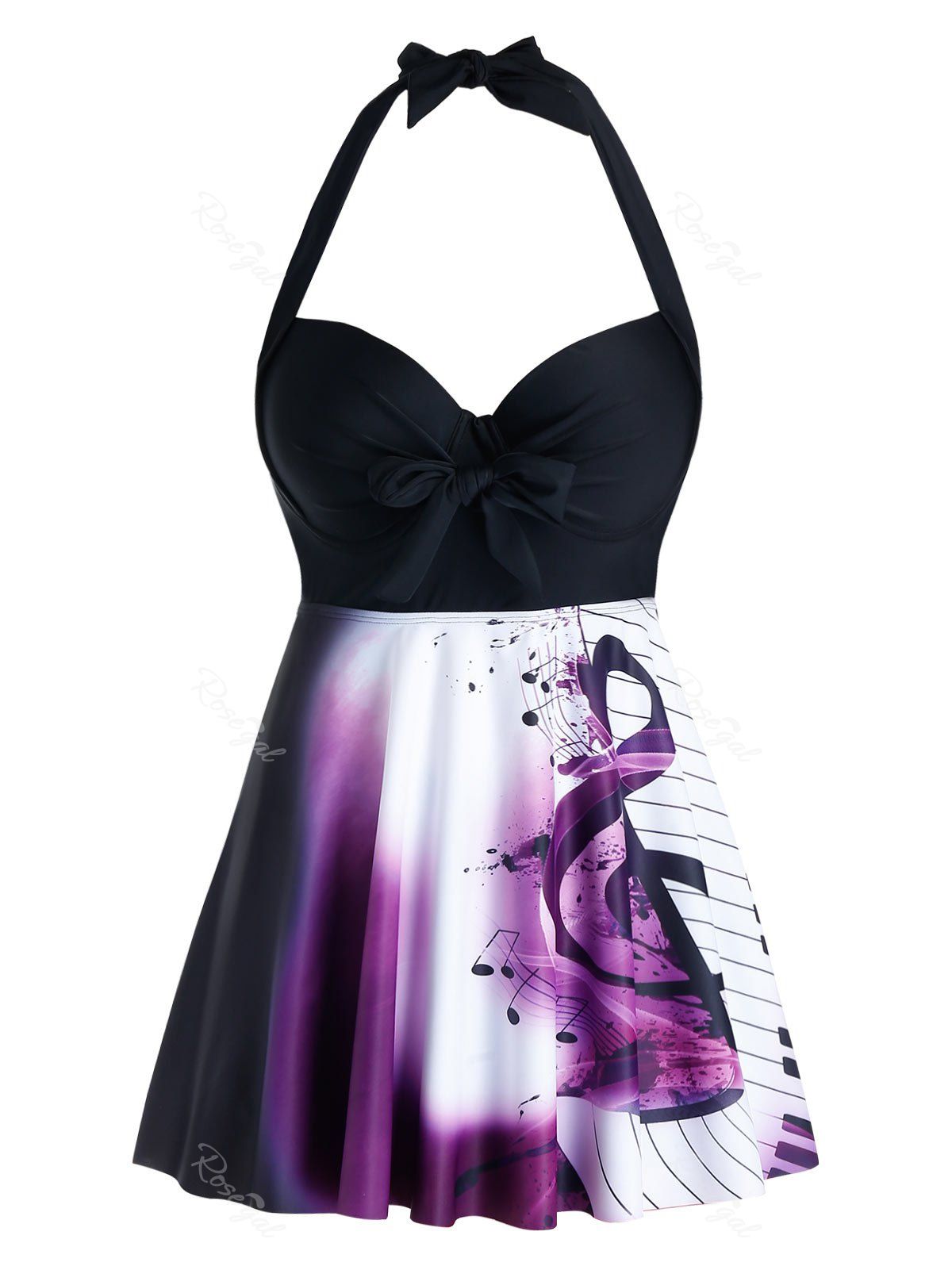

Plus Size Musical Notes Backless Halter Push Up Tankini Swimwear, Black