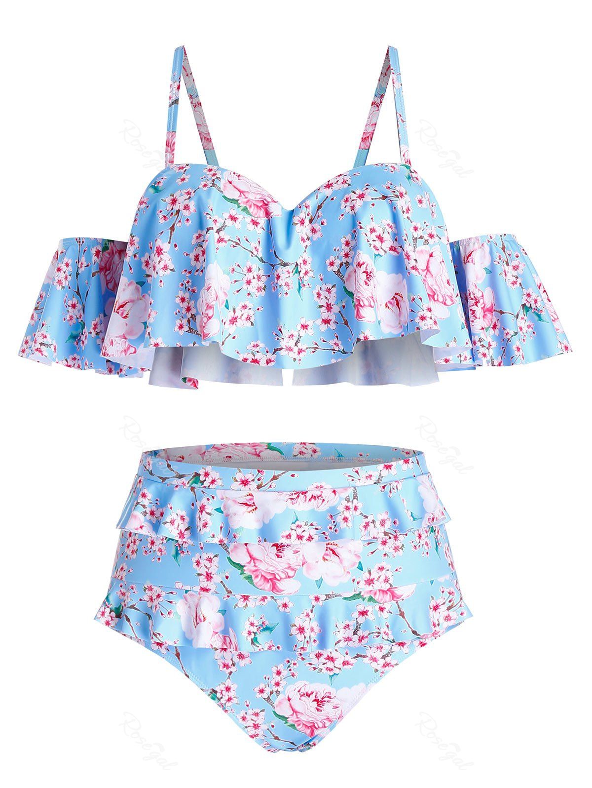 

Plus Size Open Shoulder Ditsy Floral High Waisted Tankini Swimwear, Day sky blue