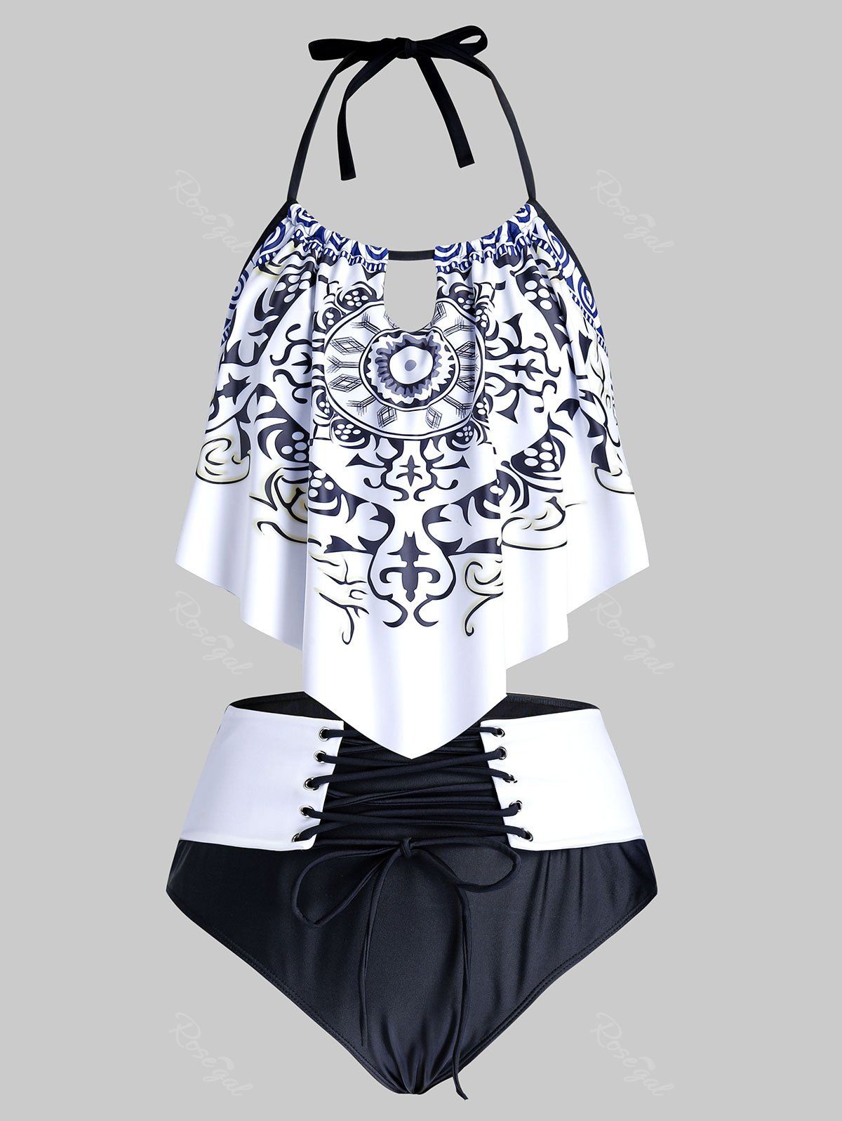 

Plus Size Printed Halter Lace Up Tankini Swimwear, Black